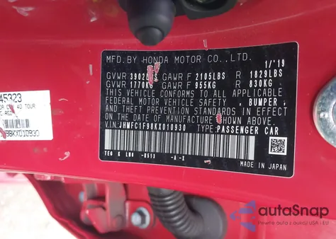 2019 Honda Civic Touring из США, поврежденный, VIN JHMFC1F98KX010930